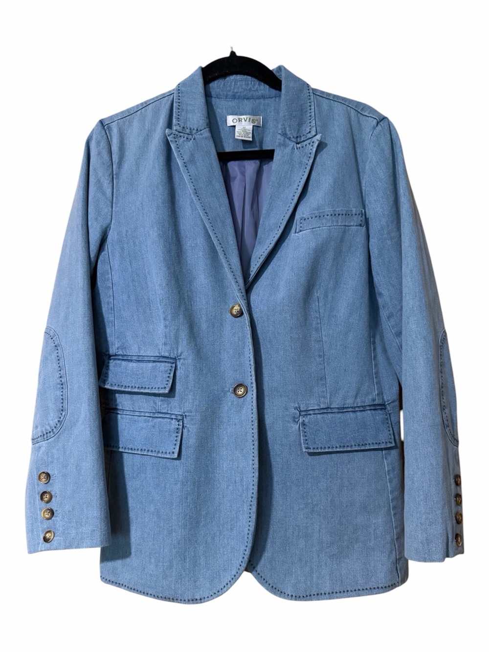 Orvis Light Wash Denim Blazer Jacket Elbow Patches Pick-Stitch Size 10